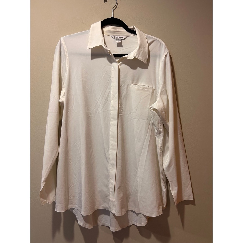 Athleta Womens Large Urbanite Button Down Top White Featherweight Stretch Shirt